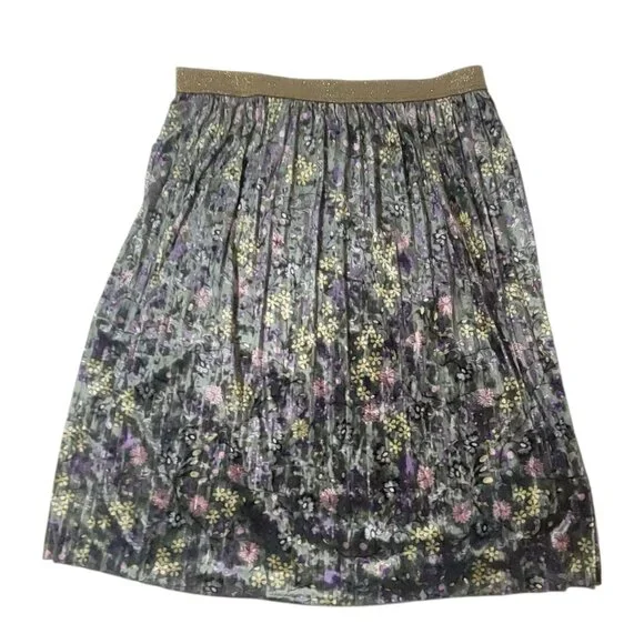 ModCloth Floral Pleated Green Velvet Skirt 1X Gold Waistband Retro Fairycore - Picture 2 of 16